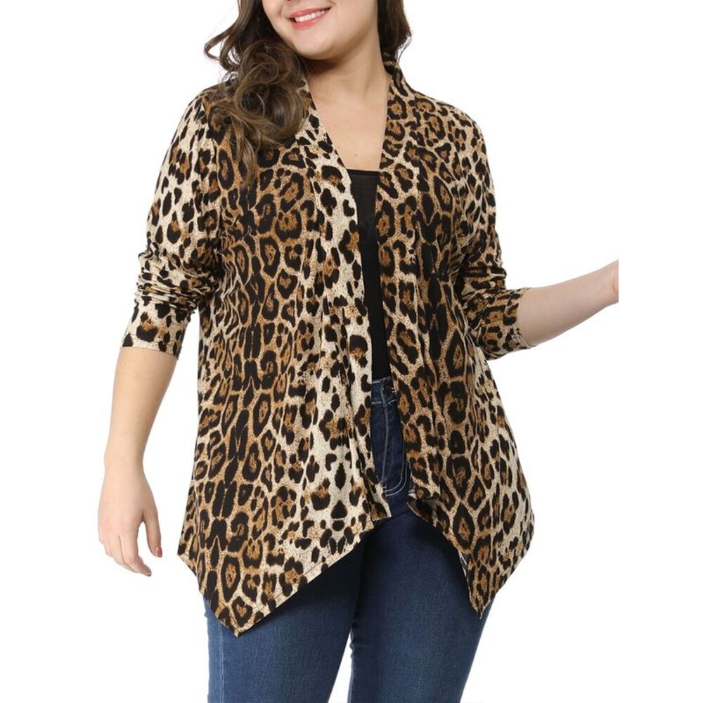 Women's Plus Size Cardigans Leopard Print Asymmetric Hem Jacket Open Front Beige